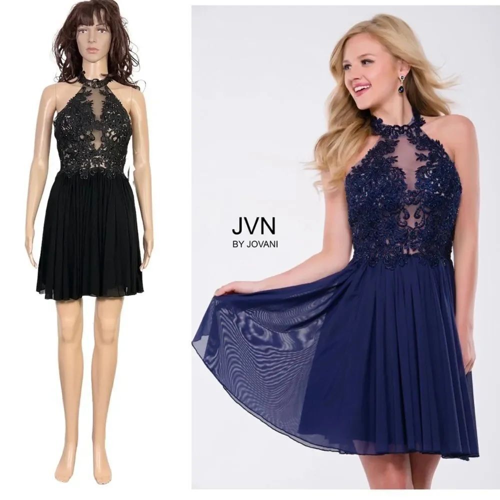 NEW JOVANI black halter neck embellished mesh cocktail homecoming mini dress 2
